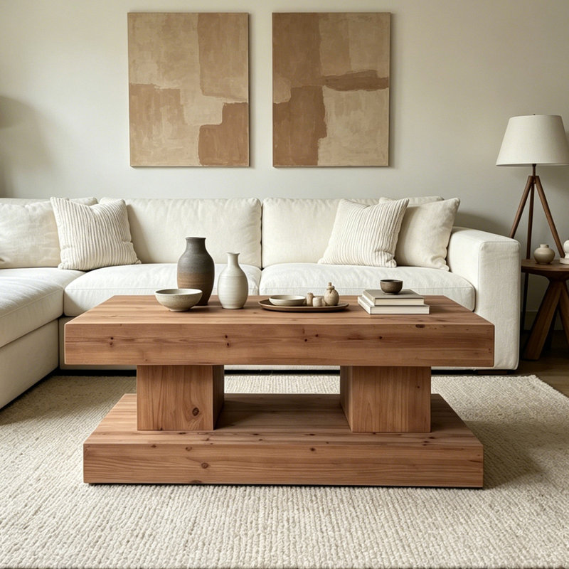 Table basse de 47,24 po en bois massif naturel avec plateau épais et base à double pilier. Style rustique classique et minimaliste, robuste et pratique.