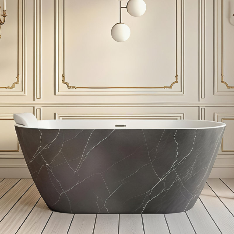 Transolid Finley Grande 67 in. x 29 in. Freestanding Soaking Acrylic Bathtub with Center Drain in Gloss Two-Tone Marble Grey and White