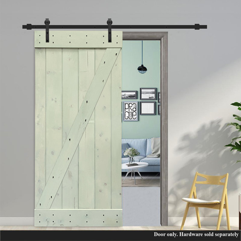 Porte de grange à panneaux en bois et métal Z Series sans trousse de quincaillerie d'installation, 38 po x 84 po, Vert sauge