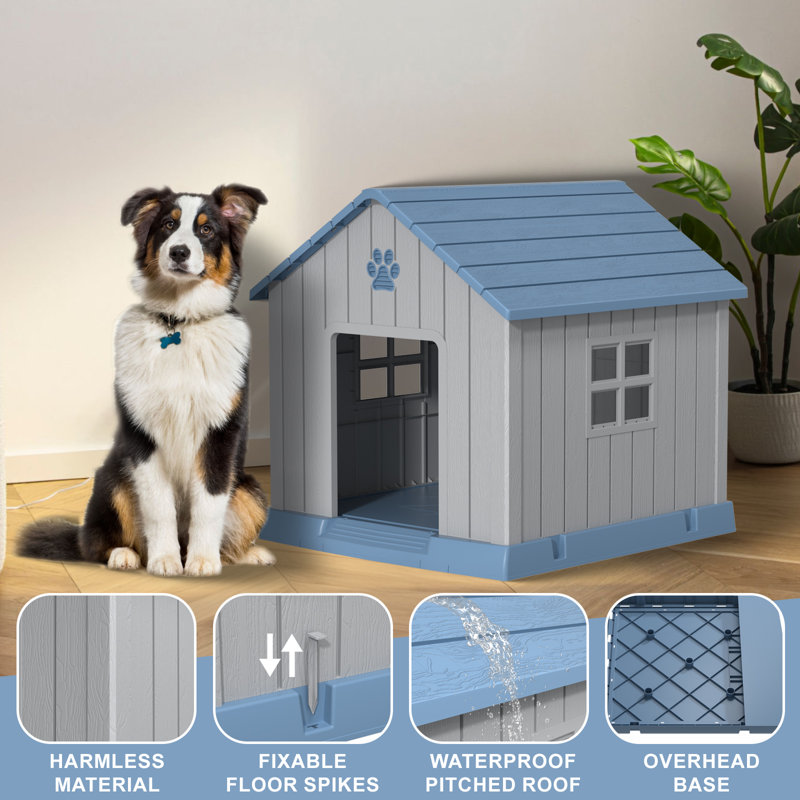 Niche pour chien 38 po en plastique pour l'extérieur avec niche pour l'extérieur, H 33,7 po x l 32,52 po x L 31,18 po, Bleu