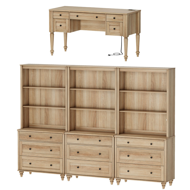 2 Piece Office Set, 56" Executive Desk & Set Of 3 Bookcases With Drawers, Oak