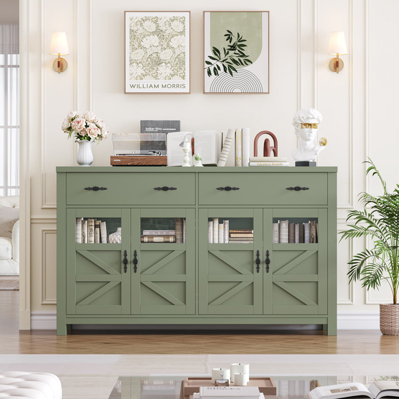 Buffet Almus de 55 po avec 4 portes en verre, 2 grands tiroirs et tablettes réglables, Vert