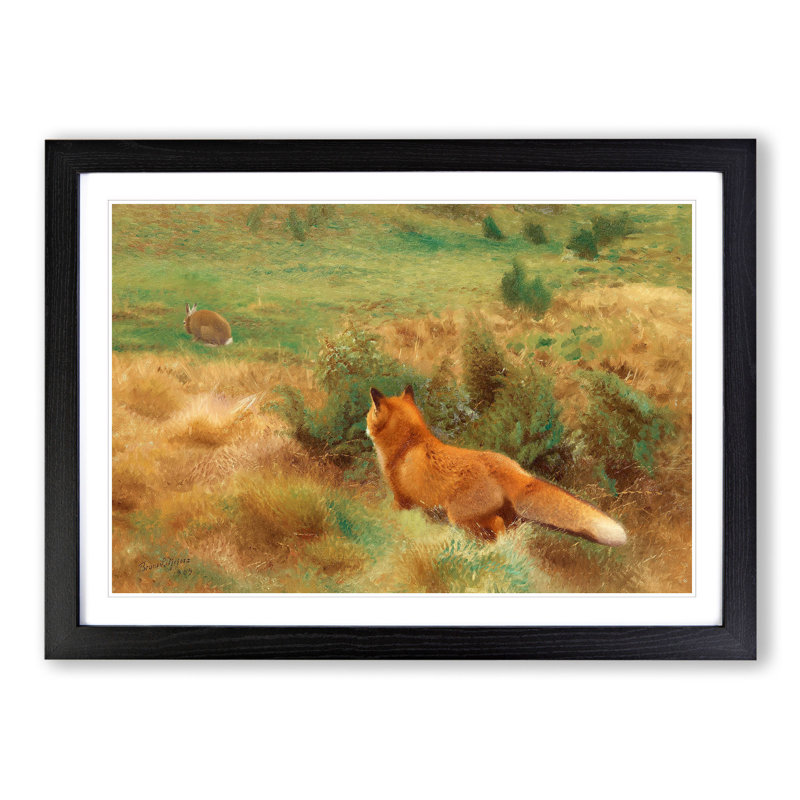 Fox Stalking a Brown Hare by Bruno Liljefors - Picture Frame Painting, 27cm H x 36cm W x 2cm D, Black Framed