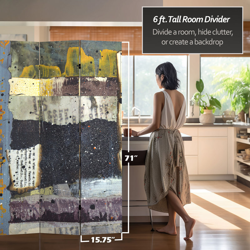 3 Panel Room Divider, Gray/Yellow