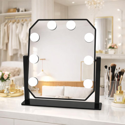 Portable Hollywood Vanity Mirror With 3-Color LED, 5X Magnifier, 360° Rotation & Memory Function