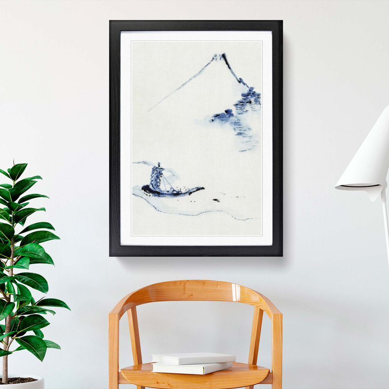 Boat on a River by Mount Fuji by Katsushika Hokusai - Picture Frame Painting Print, 48cm H x 36cm W x 2cm D, Black Framed