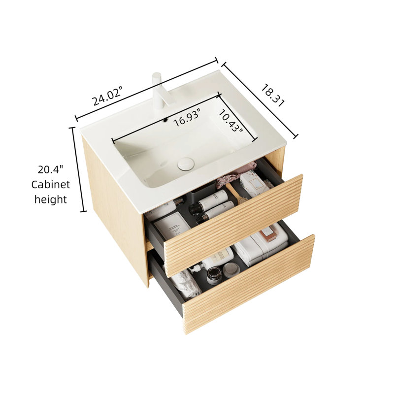 Armoire de salle de bain 24 po avec lavabo en céramique, contreplaqué, couleur chêne, tiroirs, armoire de contreplaqué de meuble-lavabo à installation en douceur, cuve blanche, chaleur, méthode simple et d'assemblage