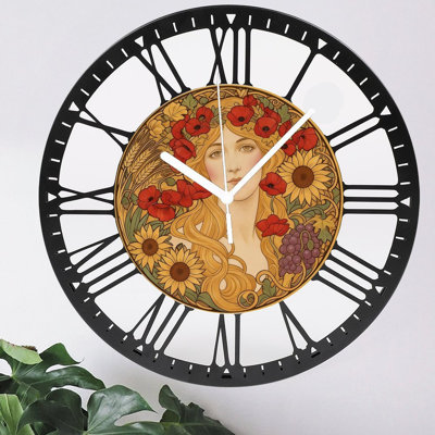 10" Round Iron Wall Clock – Inspired by Alphonse Mucha, Silent Quartz, Roman Numerals, UV-Printed