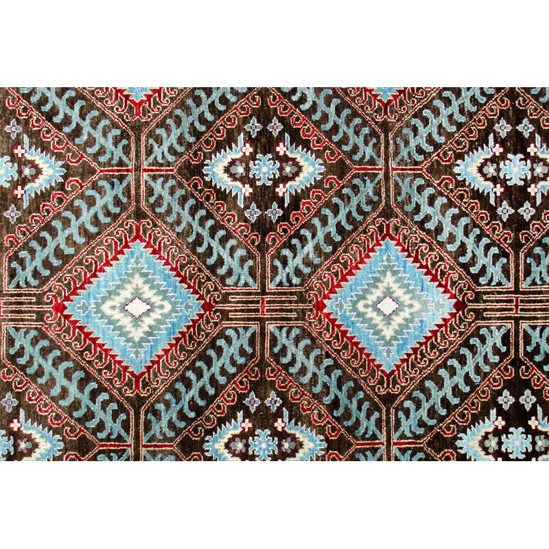 Tapis bleu minuit et brun en laine noué à la main 6 pi x 9 pi - motif géométrique audacieux à motif de losanges du sud-ouest