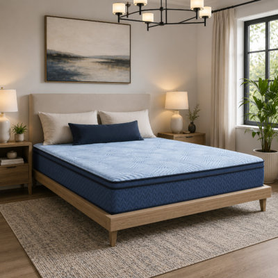Pmy Hybrid King Mattress, Cooling Cover, Coil Support, Blue Fabric 12 Inch