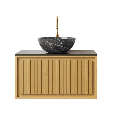 Meuble-lavabo de salle de bain 30 po avec lavabo, armoire de rangement murale en contreplaqué avec tiroir, comptoir en pierre frittée noire et cuve en céramique noire pré-assemblée, couleur grain de bois chêne Corolla