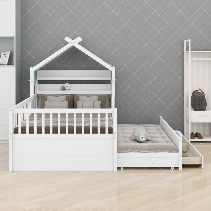 Lit House avec lit gigogne et tissu, Lit simple, White