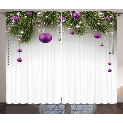 Christmas Decorations Tree Decorations Tinsel and Ball with Gift Wrap Ribbon Picture Graphic Print & Text Semi-Sheer Rod Pocket Curtain Panels -  Ambesonne, p_19387_108x84