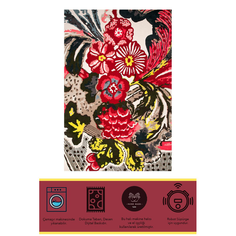Tapis rouge multicolore à motif floral rouge, Tapis de couloir 3 pi 3,37 po x 6 pi 6,74 po