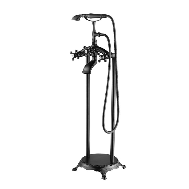 Robinet de baignoire autoportant à fixation au sol avec douche à main, Noir mat