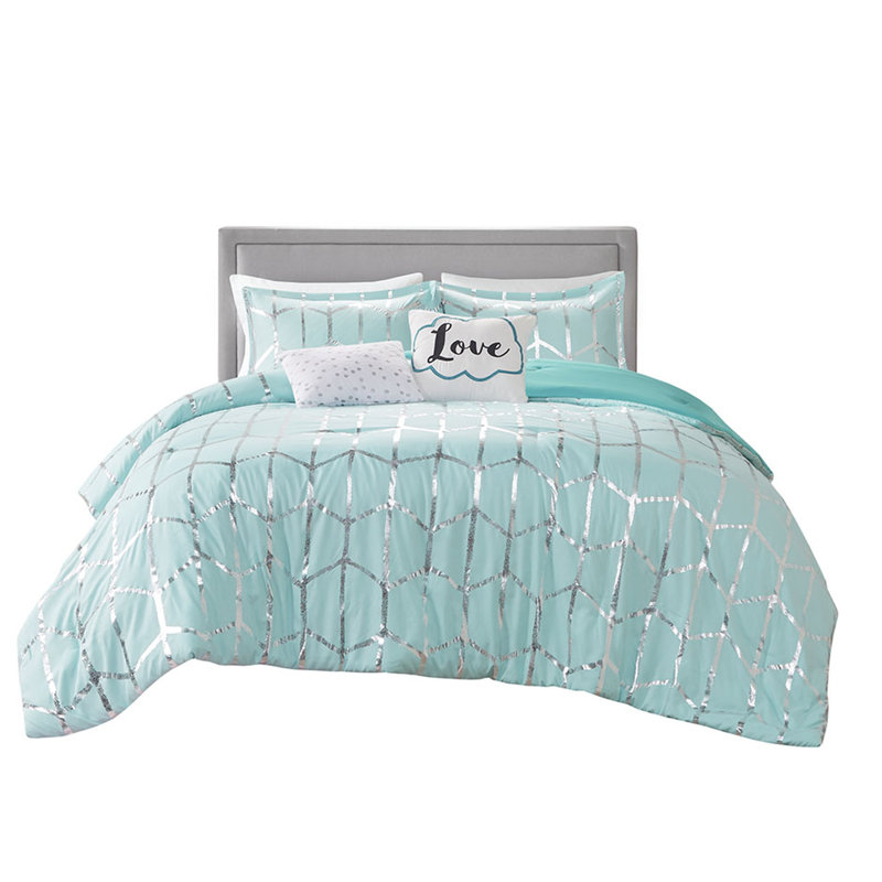 Modern Full/Queen Bedding In With Silver Metallic Decoration, Full/Queen Comforter + 4 Additional Pieces