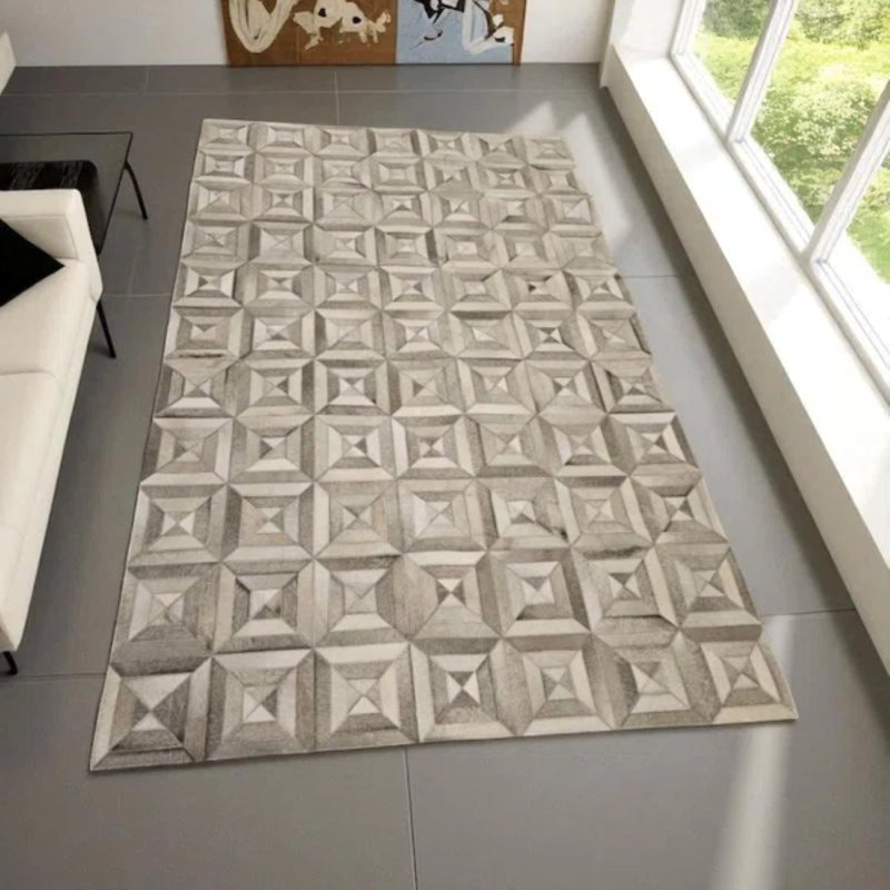 Tapis gris en cuir de vache patchwork gris, tapis en cuir fabriqué à la main, tapis en cuir de vache véritable naturel