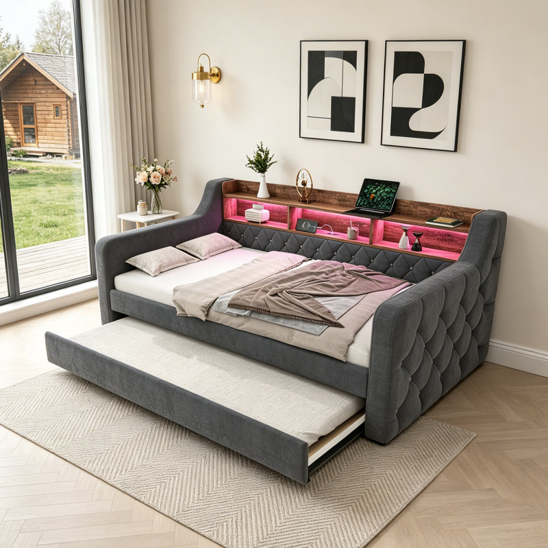 Upholstered Velvet Daybed with Trundle Bed, Dark Grey