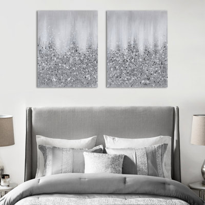 Heavily Embellished Canvas Wall Art , 2, Abstract With Glitter & Rock Textures, Hand-Brushed, 22"W X 28"H, Indoor Adorned And Rock, Handmade, 22"X28",