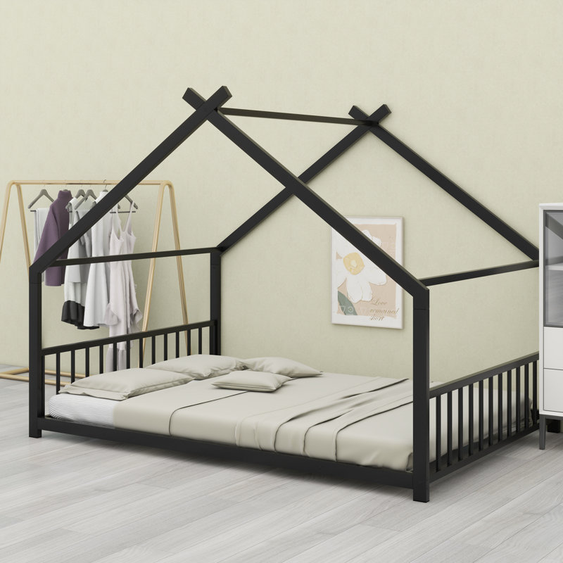 Modern Metal House Bed with Sturdy Construction, Black