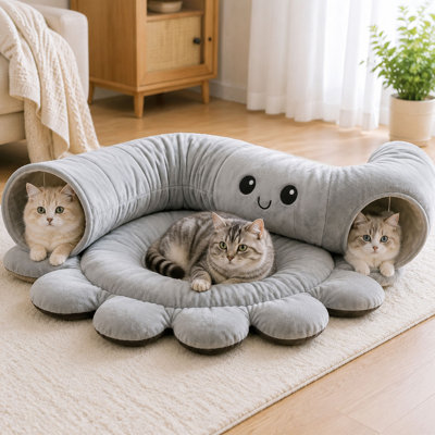 Cat Tunnel Bed with Cushion and Toys, Foldable Cat Cave Tunnel for Indoor Cats and Kittens