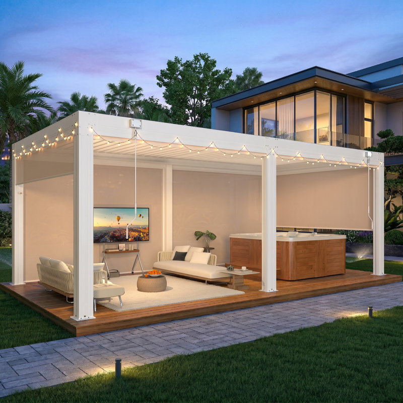 Pergola à persiennes 20 x 10 pi avec écrans rétractables, pavillon de jardin extérieur en aluminium avec toit imperméable réglable pour patio, terrasse et spa, blanc