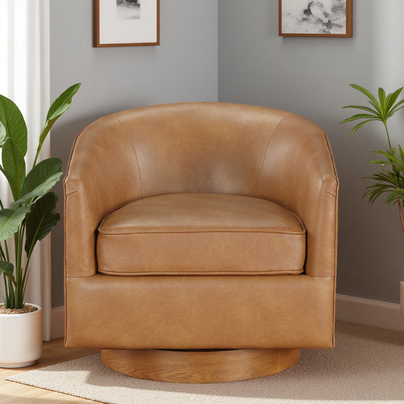 Fauteuil demi-tonneau pivotant en similicuir, Brun, H 28 po x l 29 po x P 29 po