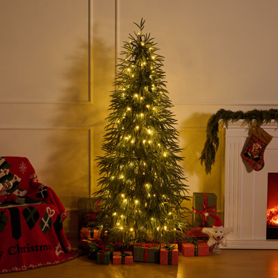 6ft Pre-Lit Norfolk Pine Artificial Christmas Tree, 325 Tips Slim Green Holiday Tree with 150 Warm White LED Lights, Folding Metal Stand for Home Office Décor