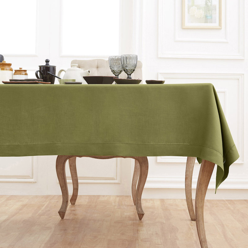 100% Pure Linen Hemstitch Table Cloth - Classic Hemstitch, Avocado, 144" x 60"