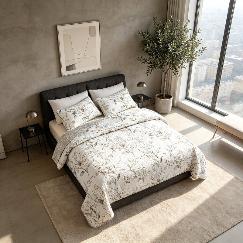 Reversible Grey Botanical Full Quilt Set, Elegant Leaf Pattern Bedspread Coverlet, King Bedspread + 2 Shams