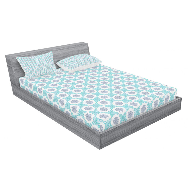 Microfiber Floral Fitted Sheet, Queen Sheet Set with Fitted Sheet, Blue/Gray Geometric