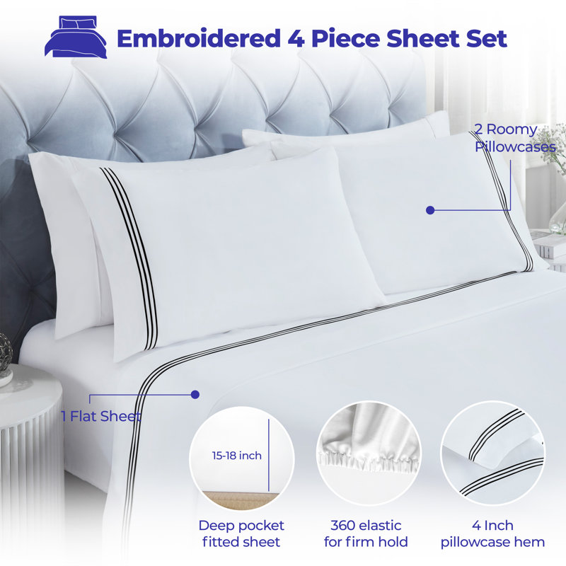 Brandon Cotton Three-Line Embroidered Deep Pocket Bed Sheet Set by Superior, White/Black, King Sheet Set with 2 Pillowcases