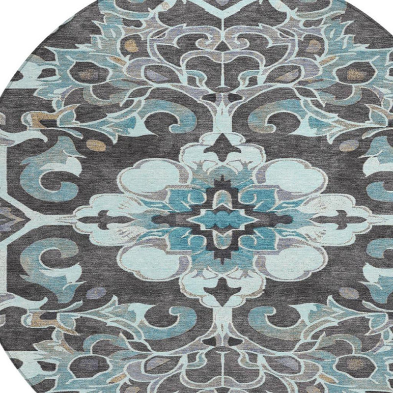 Tapis intérieur lavable rond 8 pi bleu sarcelle et gris anthracite
