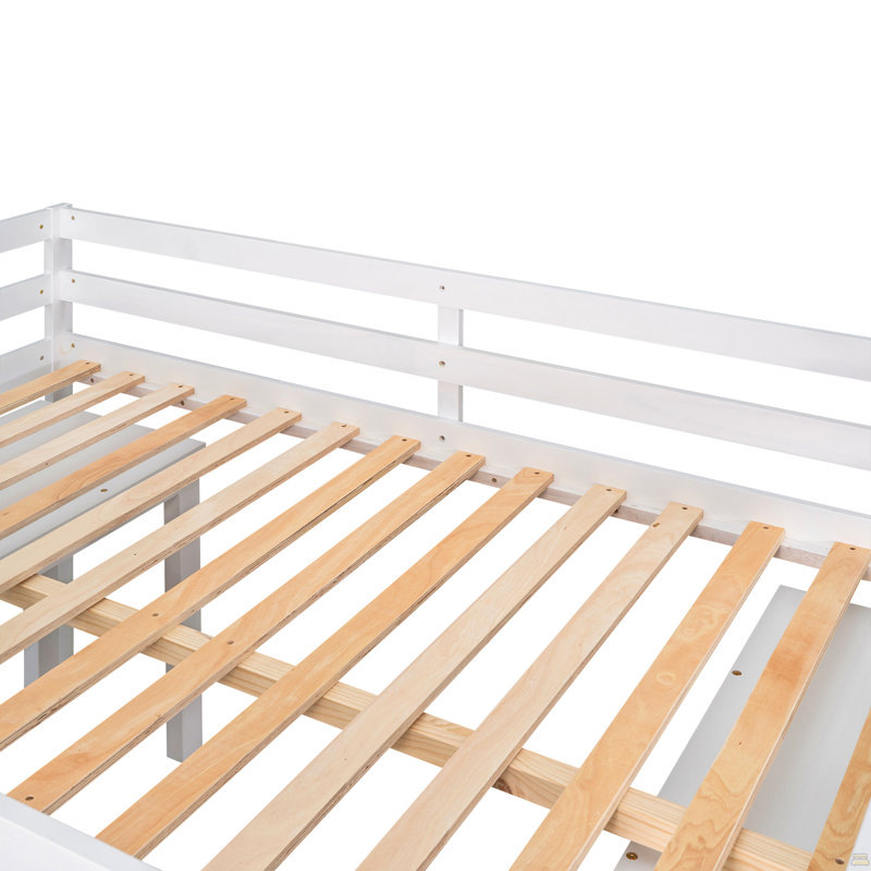 Low Study Full Loft Bed with Cabinet ,Shelves and Rolling Portable Desk ,Multiple Functions Bed