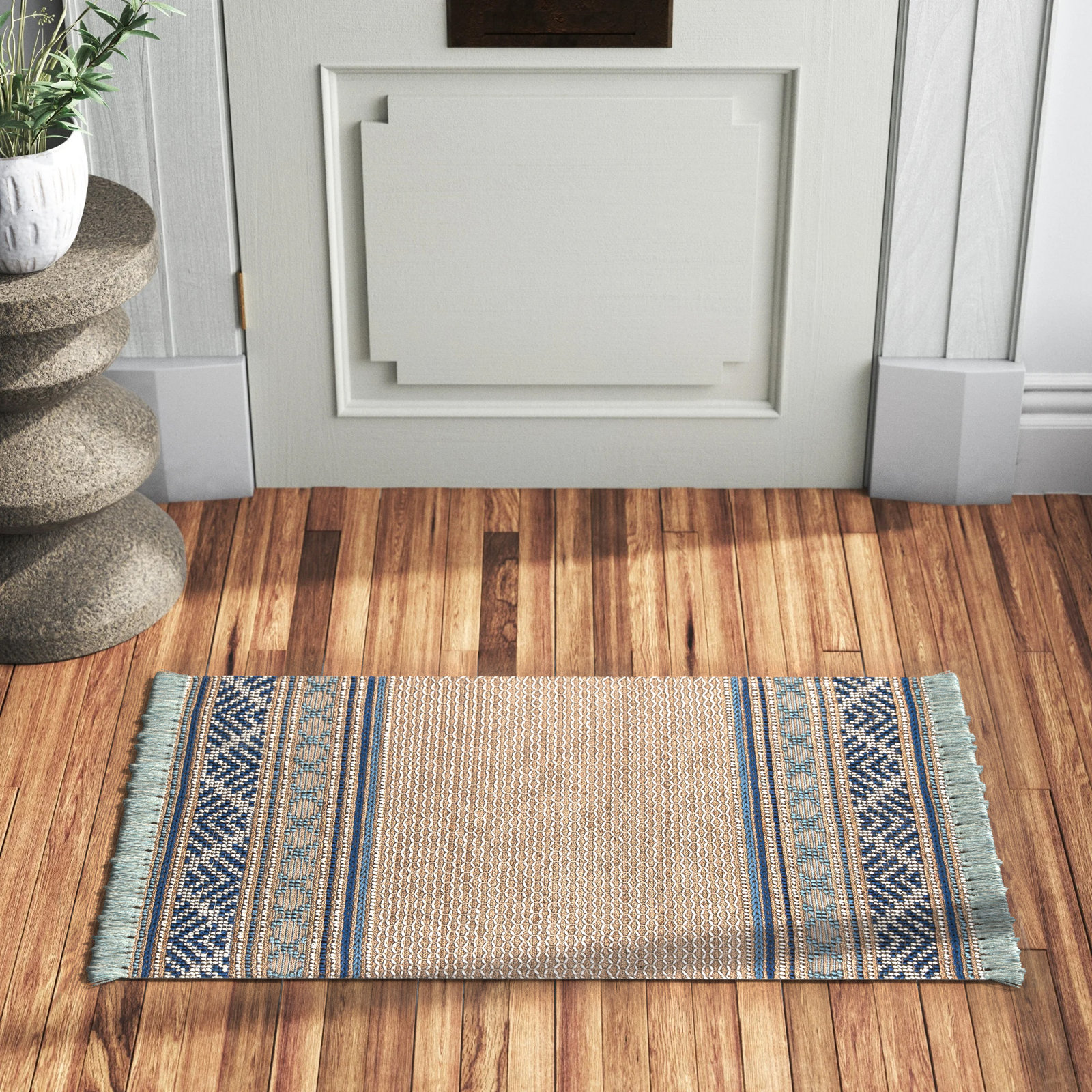 Alberta Beige Blue Hand-Woven Geometric Jute Rug, Rectangle 2' x 3'