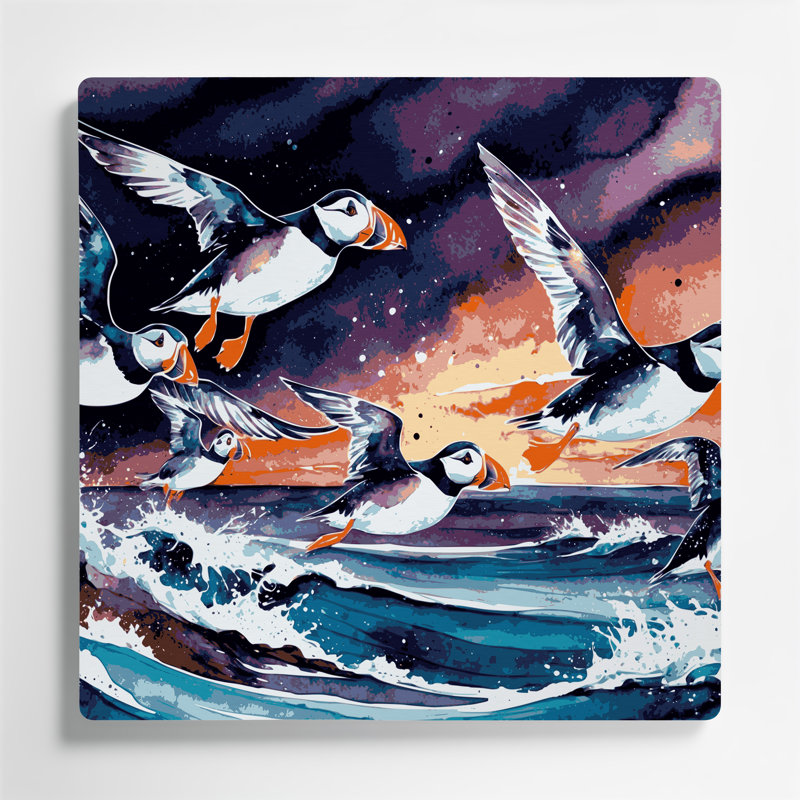 Oiseaux, macareux moine, art mural mauve, H 16 po x l 16 po