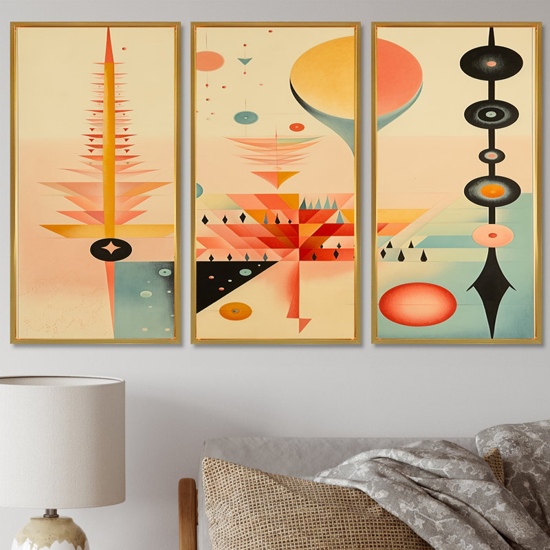 Brette - ensemble de reproductions d'art mural géométrique, Cadre flottant doré, H 28 po x l 36 po x P 1 po