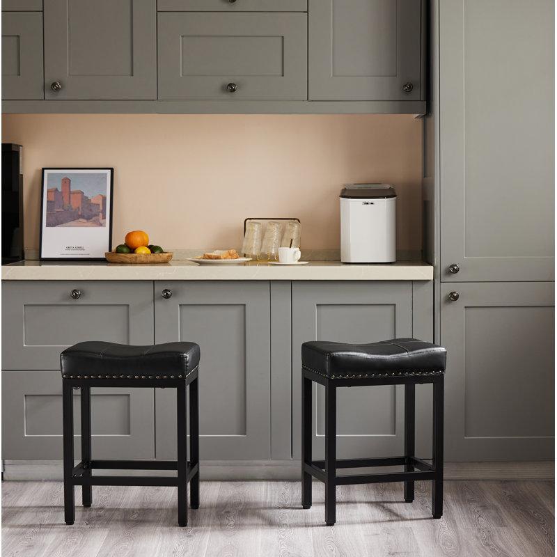 Michille Saddle Upholstered 24.21" Counter Stool, Black/Black , 2