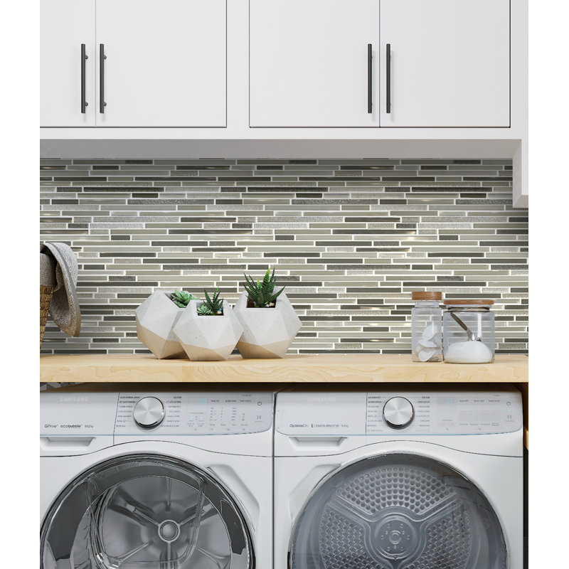 SAMPLE-Waterfall Linear Glass And Metal Mosaic Tile, White/Beige