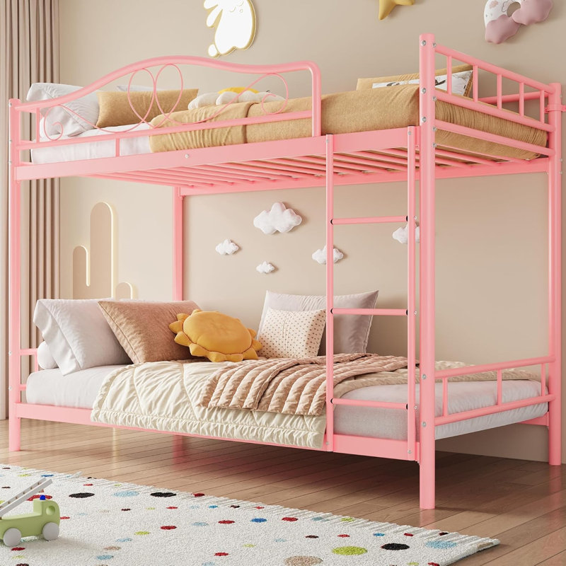 Twin Over Twin Metal Bunk Bed, Heart Guardrails, 400 lb Capacity, Ladder, Space Saving, Pink
