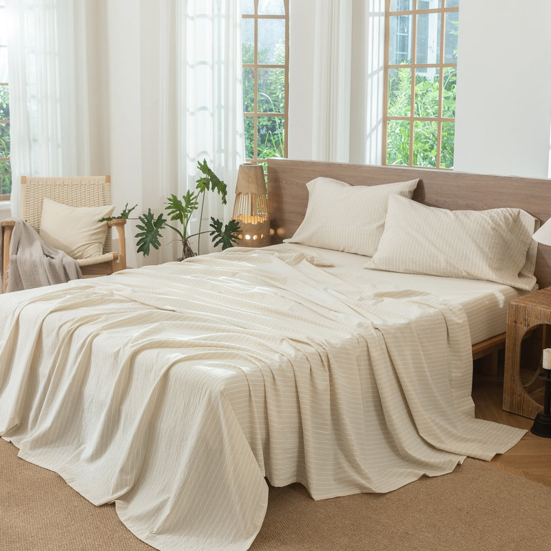 Ensemble de draps 100% coton lavé MooMee, Ensemble de draps pour grand lit avec 2 taies d'or