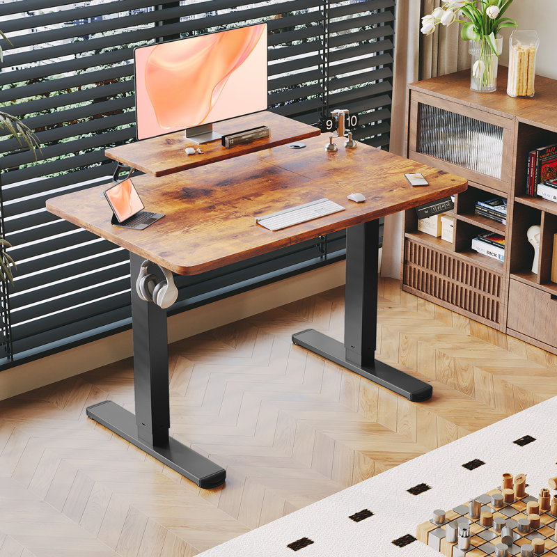 T-Shape Electric Standing Desk With Monitor Stand Memory Smart Pannel Home Office Desk, Black, 120 W x 60 D, Rustic Brown