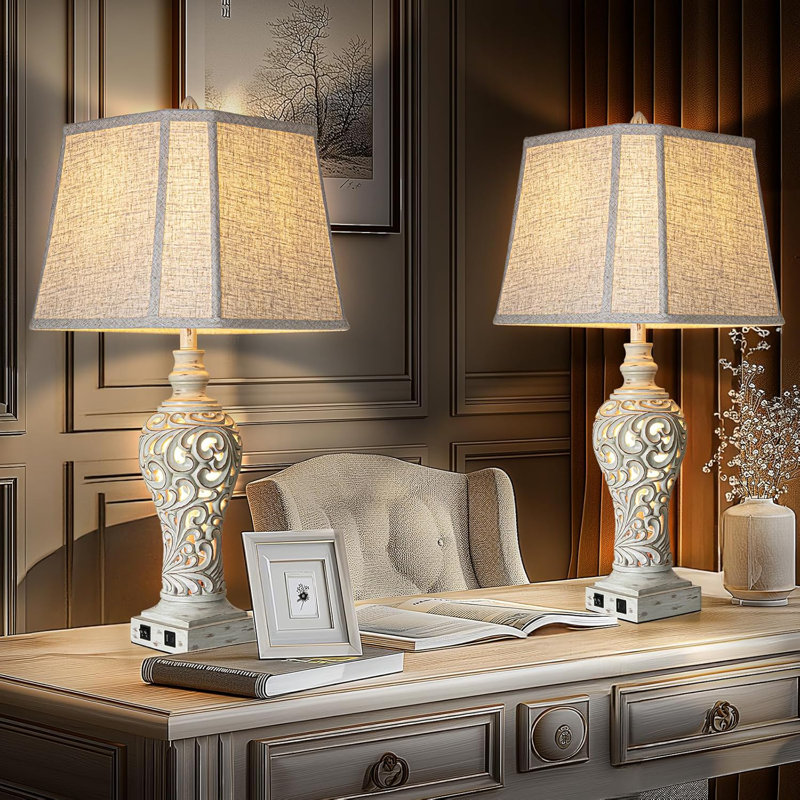 Set Of 2 Farmhouse Table Lamps With USB Ports And Nightlight, 32" Tall Bedside Lamps With Linen Fabric Shades For Bedroom And Living Room, Bulbs Included