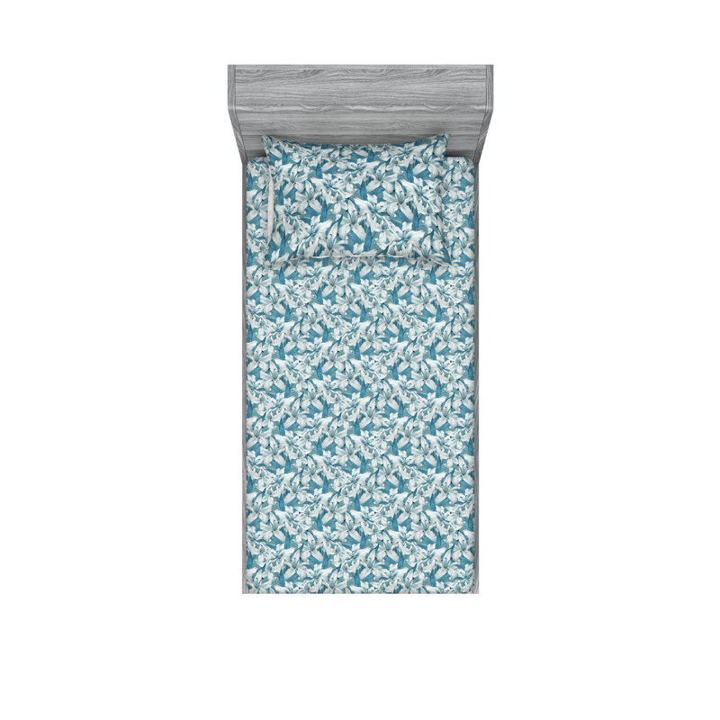 Ambesonne Fitted Sheet & Shams, Cadet Blue/Eggshell Flower, Twin XL Sheet Set with 1 Pillowcase