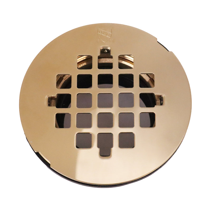 4-1/4" Square Grate Shower Drain Cover with 2" Brass Drain Pipe, Polished Brass
