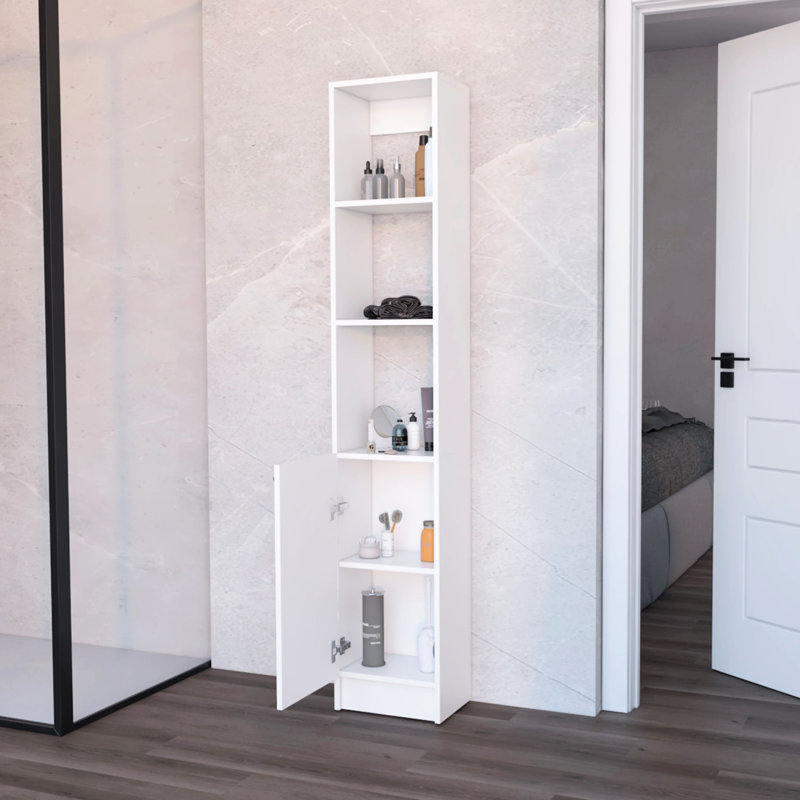 White Linen Cabinet For Bathroom Space Saving - 5 Shelves, 1 Door Organization Door, Shelves, White