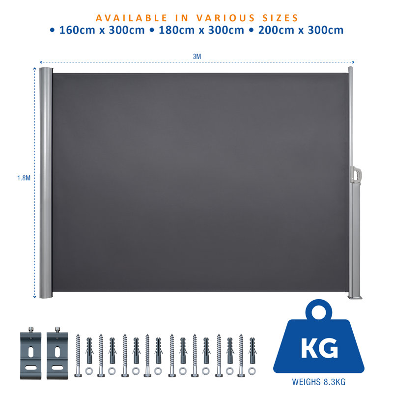 Aluminium Full Cassette Retractable Side Awning, 180cm H x 300cm W x 9cm D