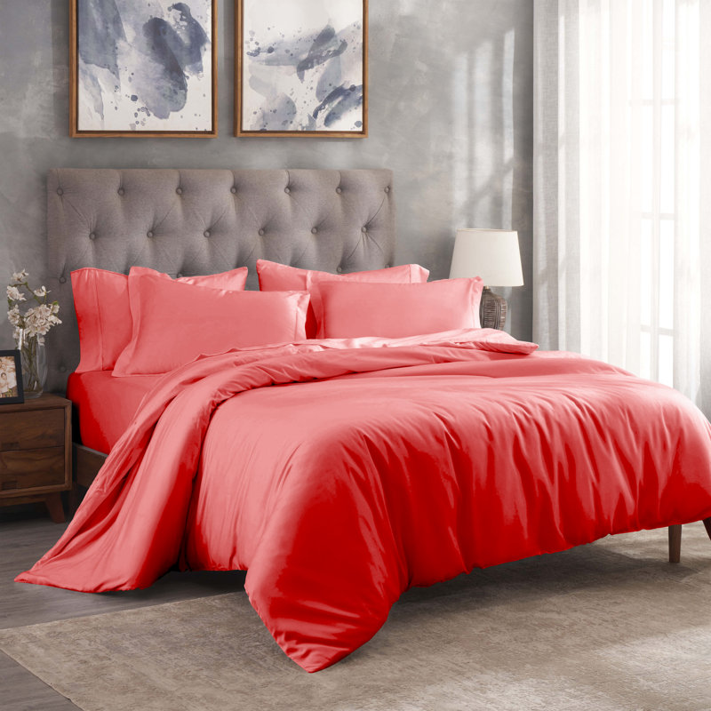 Mitchell Egyptian Cotton Blend 300 Thread Count Solid Duvet Cover Set With Pillow Shams, Coral