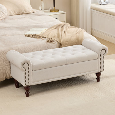 Upholstered Tufted Storage Bench with Solid Wood Legs and Nailhead