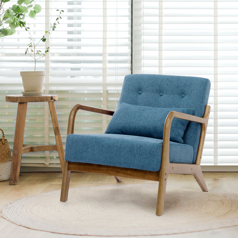 Walthill 63 cm Modern Scandinavian Solid Wood Armchair, Blue, Linen Blend